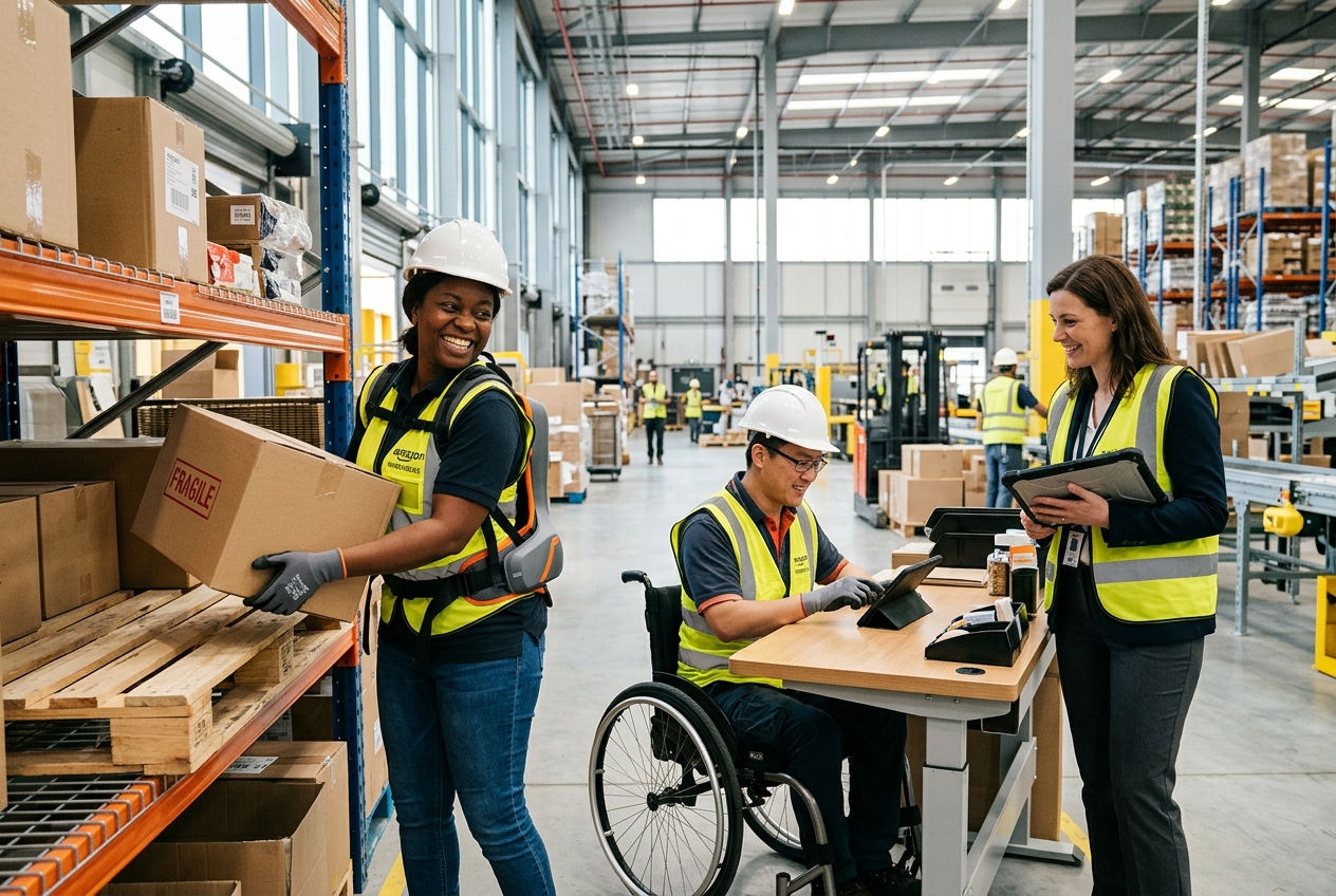 Équipe inclusive en entrepôt avec exosquelette et poste adapté