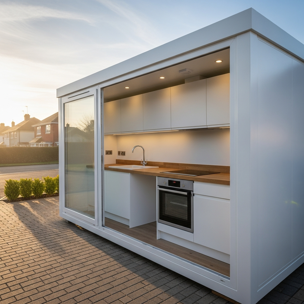 A clean modern temporary kitchen in a domestic driveway