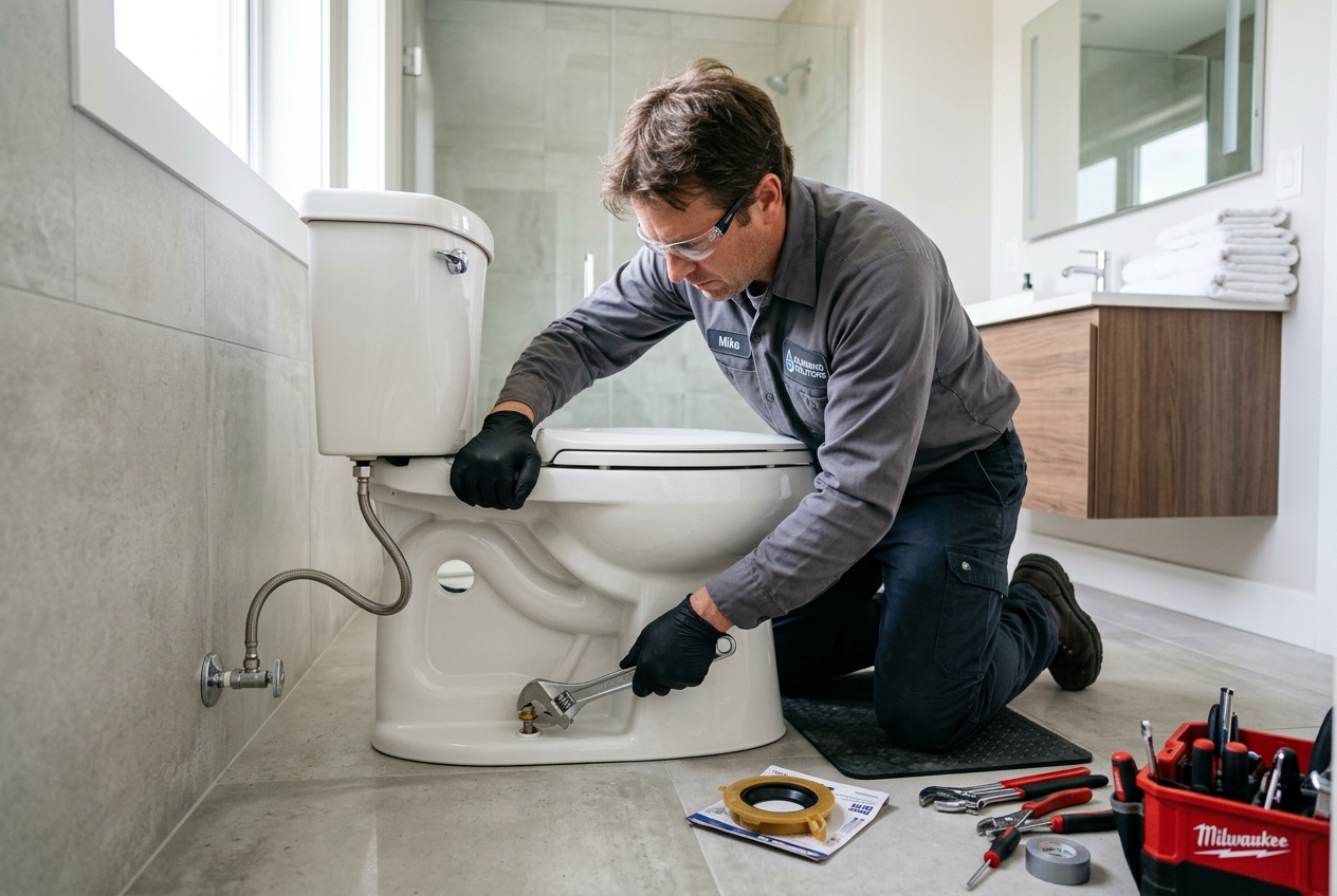 Plumber installing a toilet