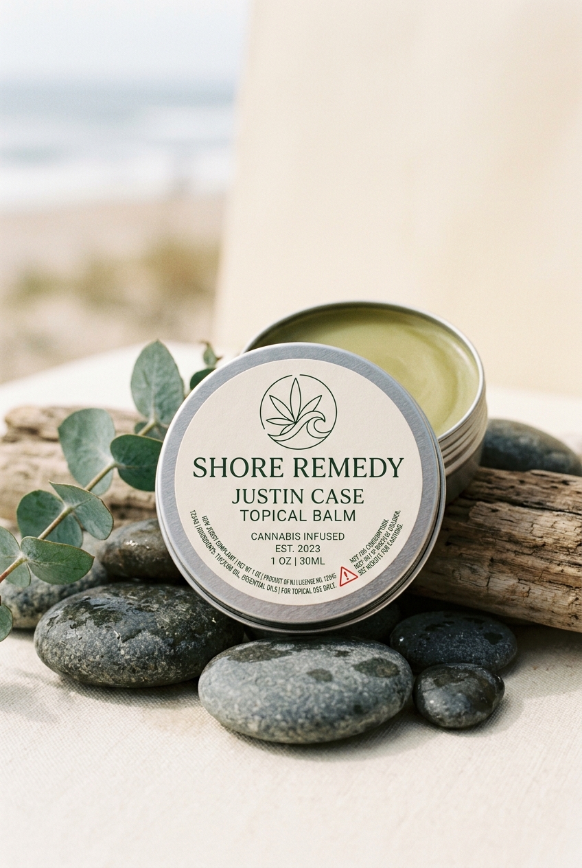 Shore Remedy Justin Case topical balm tin on coastal pebbles