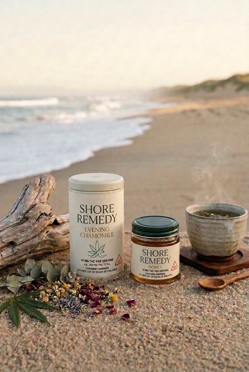 Shore Remedy Evening Chamomile tin and Shore Remedy Honey jar on the sand