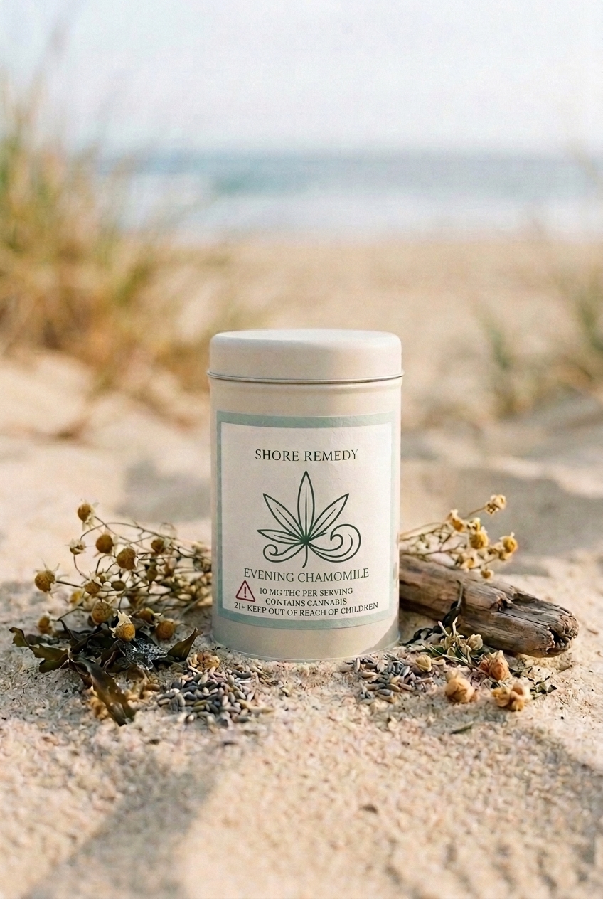Shore Remedy Evening Chamomile tea tin on the sand with botanicals