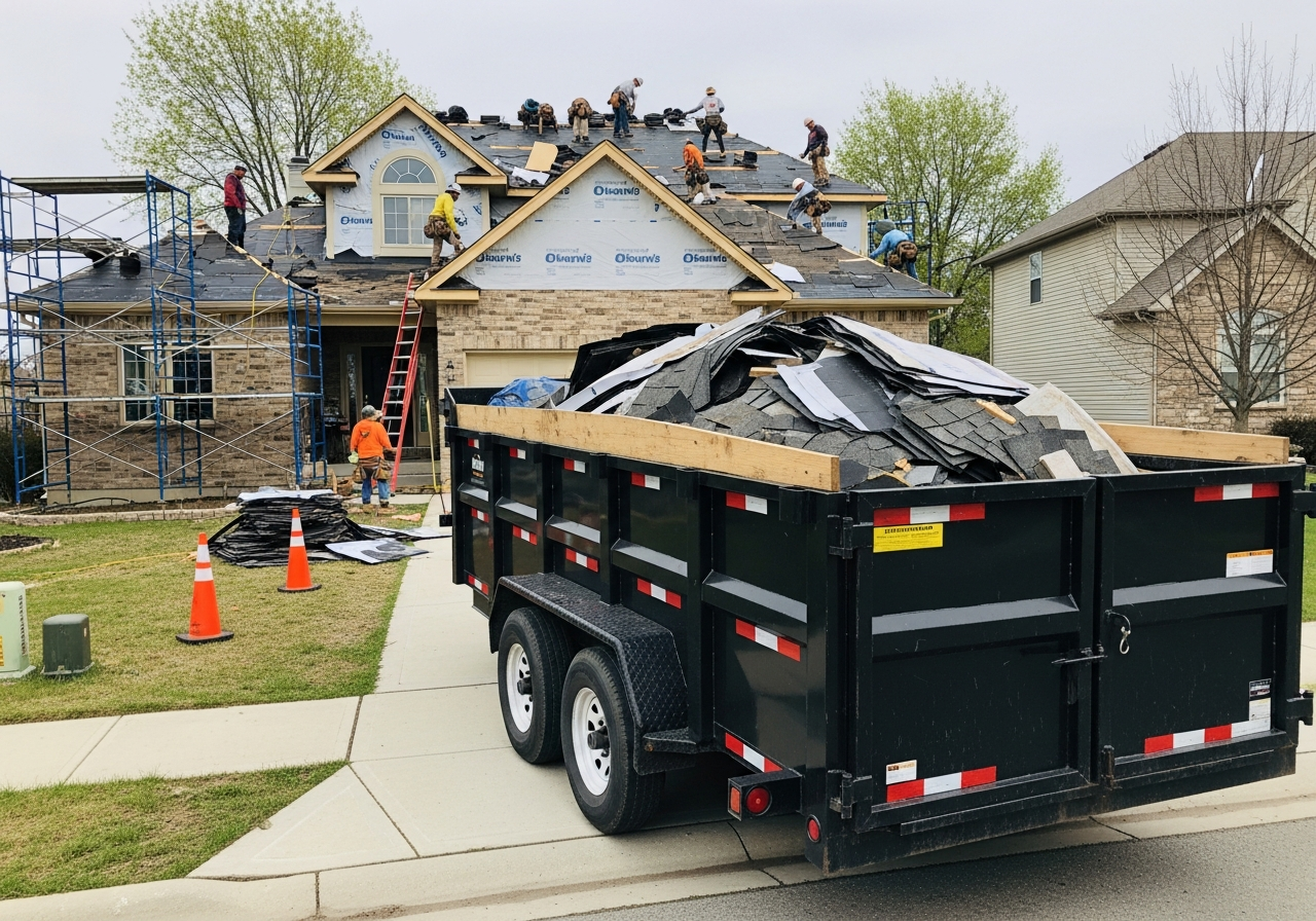 Everstone Roofing jobsite — dump trailer and crew working on a Wisconsin home