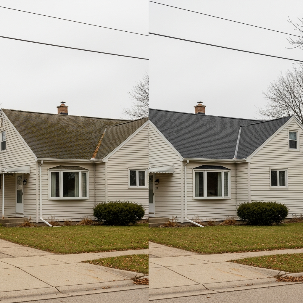 Before and after — Roof Replacement, Wauwatosa, WI