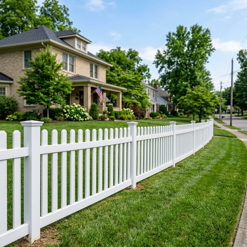 4-foot white vinyl picket fence with spaced pickets installed by Beck's Fence Co.