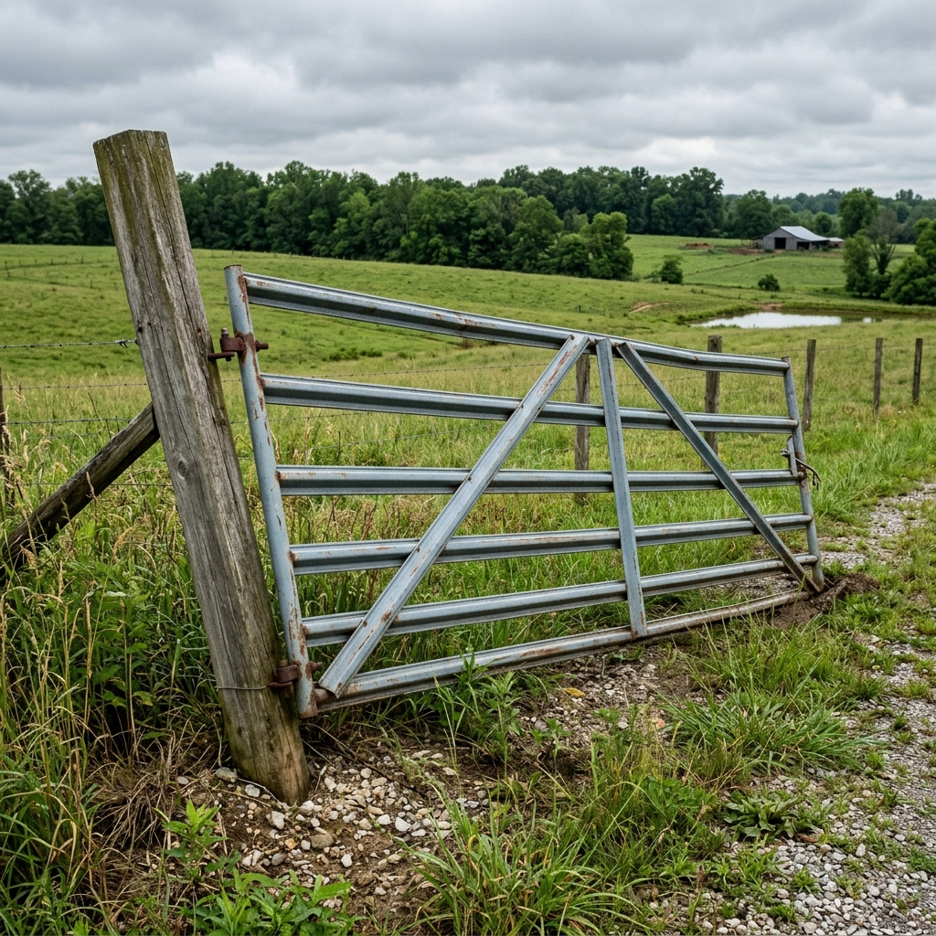 Sagging 12-foot farm gate leaning on its post at a rural Kentucky property