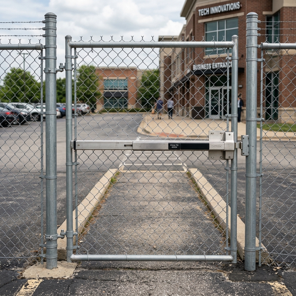 Commercial chain link walk gate with a push bar at a business entrance