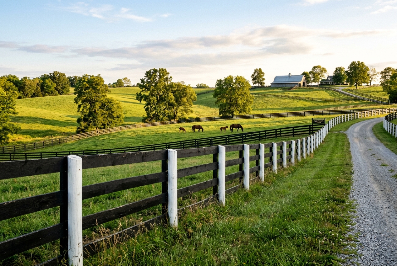 Black 4-board horse fence along a Bourbon County, Kentucky thoroughbred farm