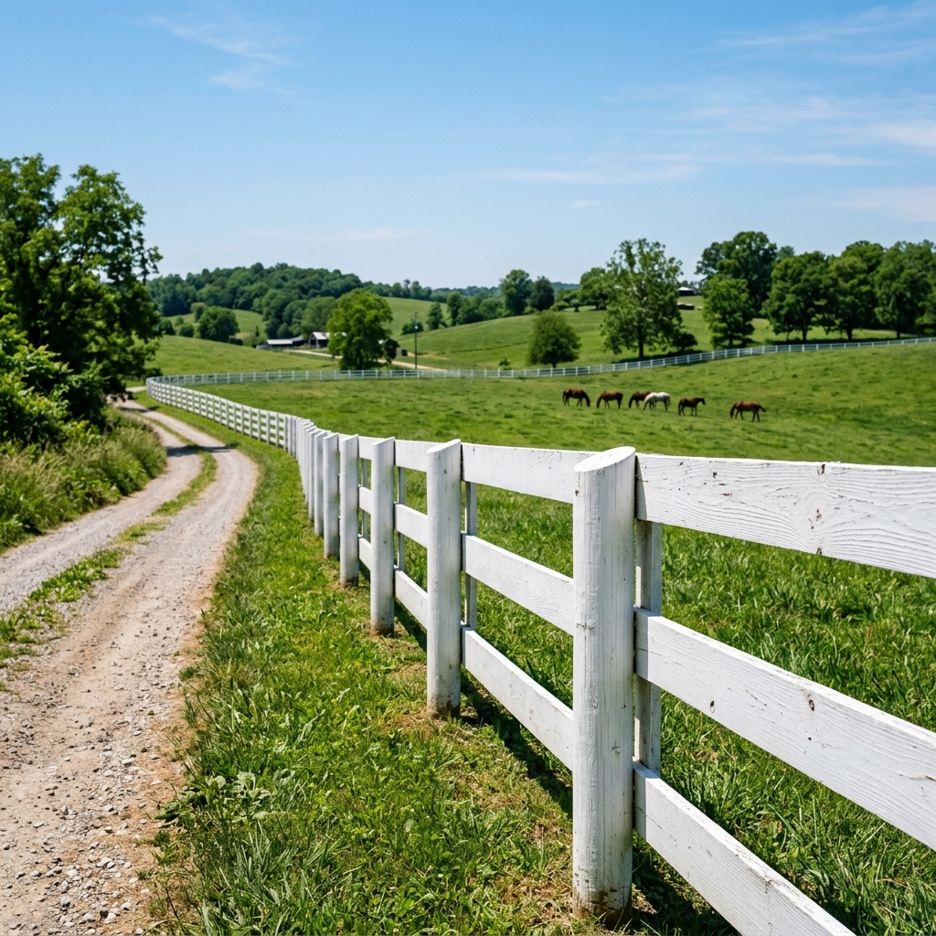 3-board white farm fence along a rural Kentucky pasture