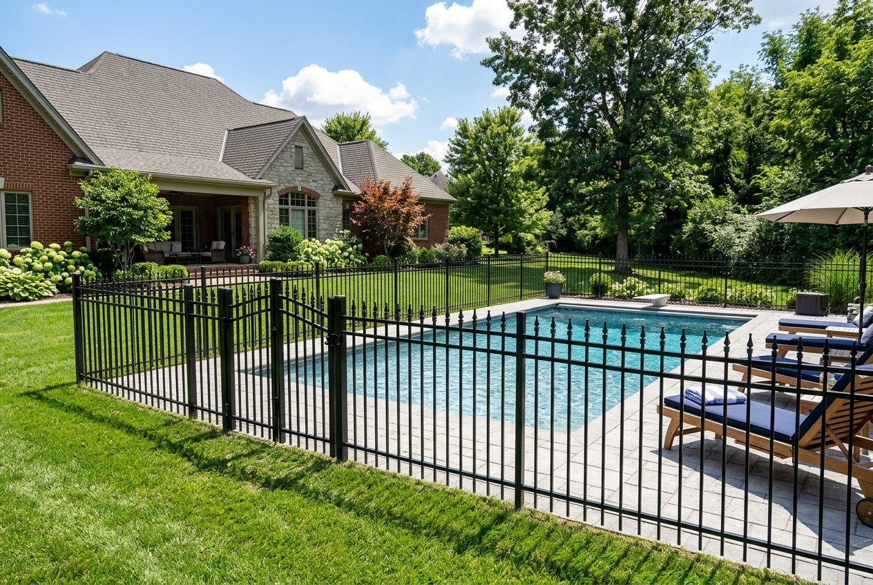 Black ornamental aluminum fence around a backyard pool in Lexington, Kentucky