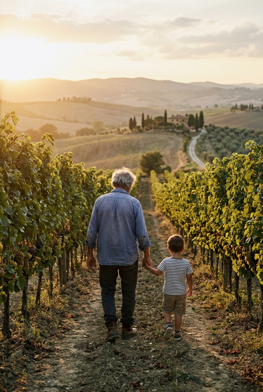 An elderly artisan and his grandson walking through the Tuscan hills