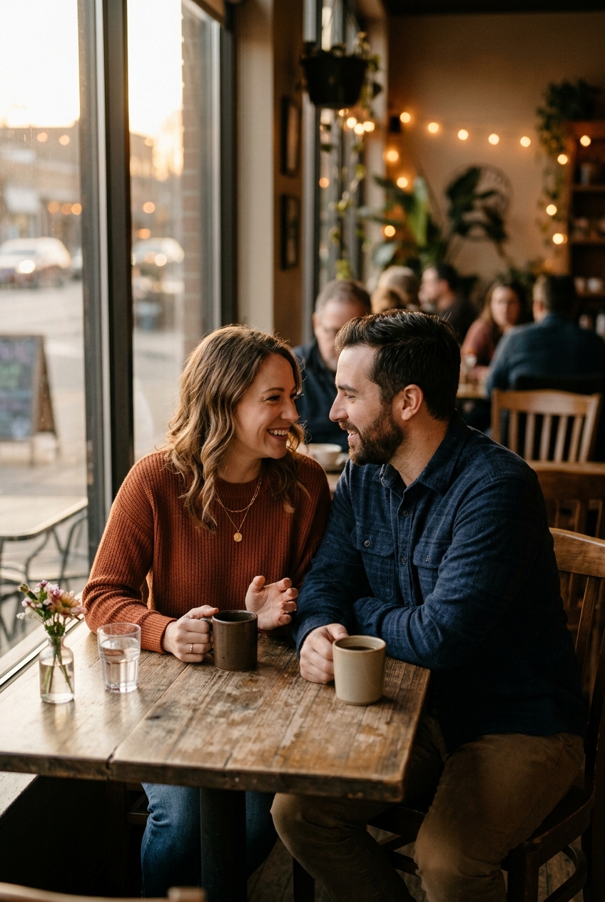 Two people connecting over coffee at golden hour