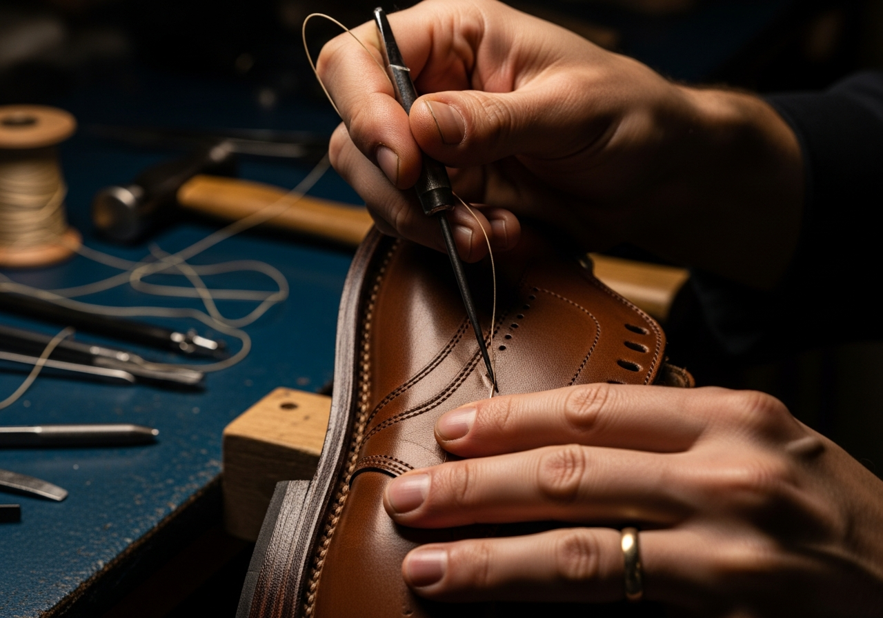 Master leatherworker hands stitching premium leather
