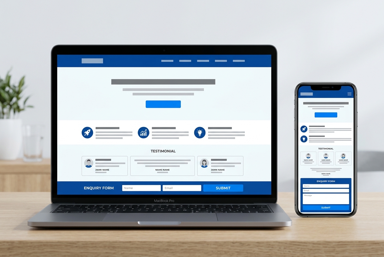 Modern landing page mockup on laptop and mobile