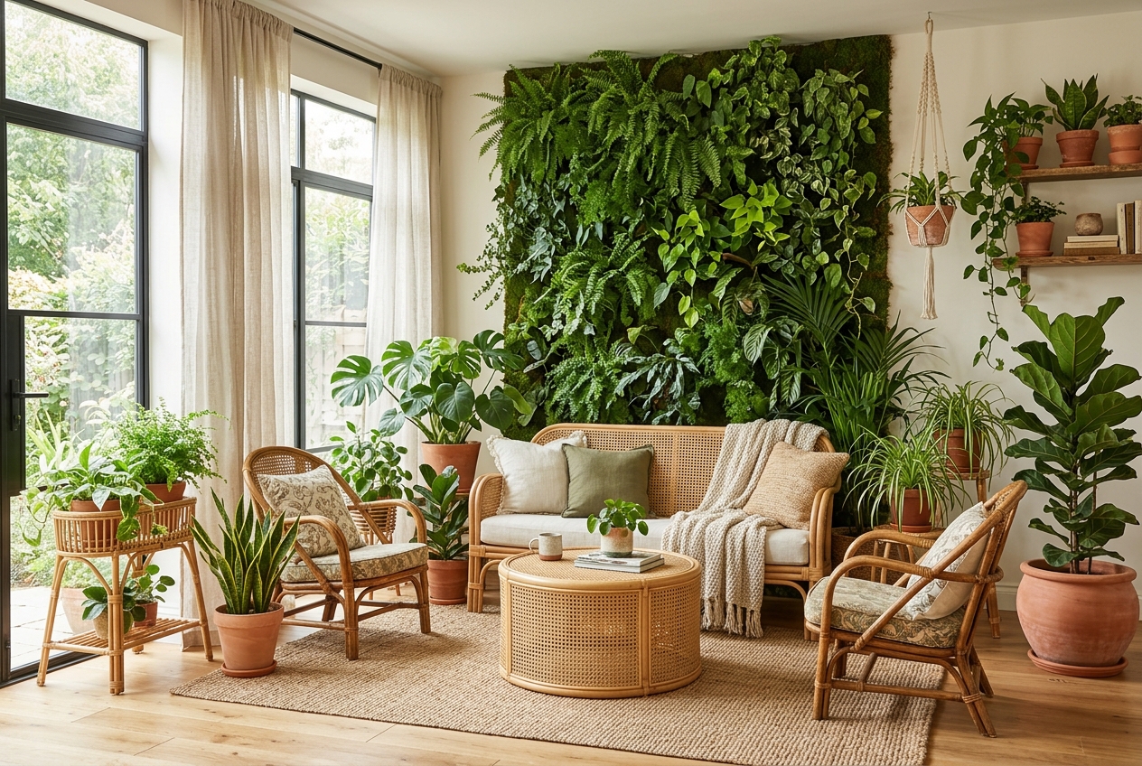 Nature style interior with indoor plants and green decor