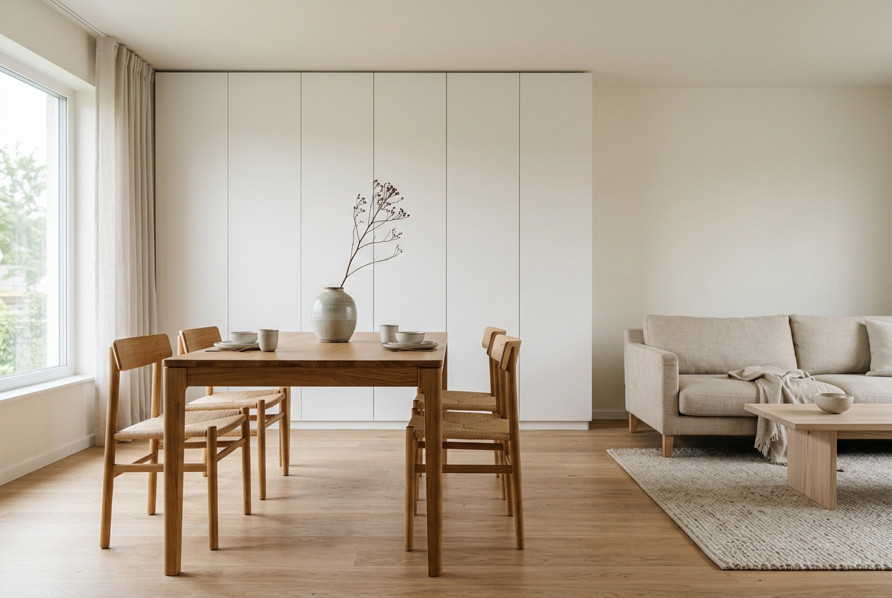 Minimalist neutral dining room interior