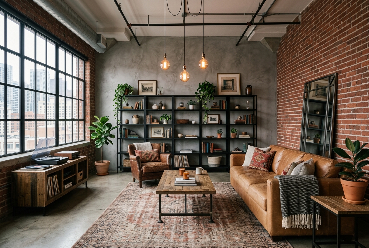 Industrial style interior with exposed brick columns