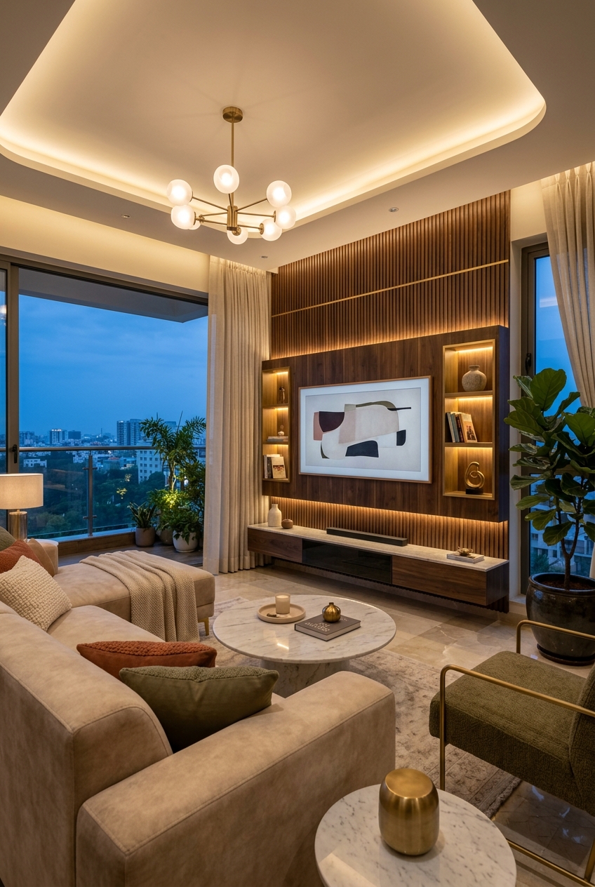 Modern luxury living room interior designed by STYLE 6 INTERIOR Chennai