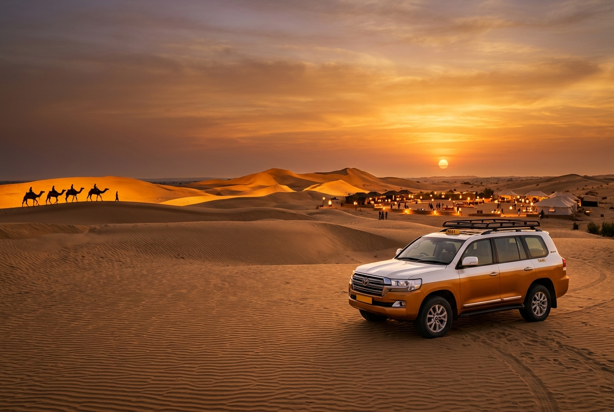 Sam Sand Dunes desert safari at sunset near Jaisalmer