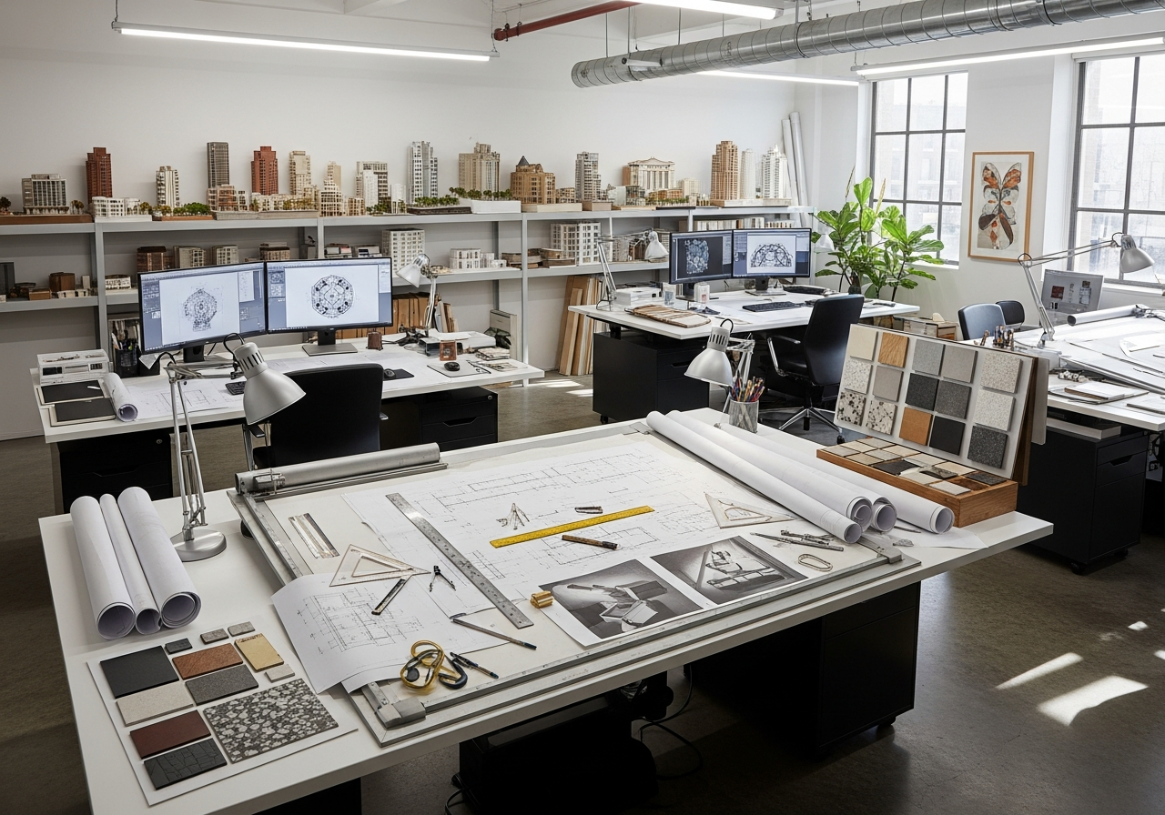 Architecture studio with blueprints and models