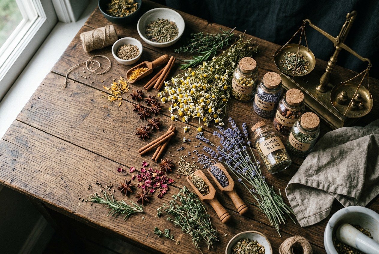 Apothecary table of dried herbs