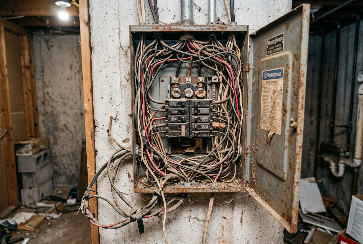 Before: Full panel upgrade — retired a hazardous tangled breaker box for a modern, labeled electrical panel in Queens.