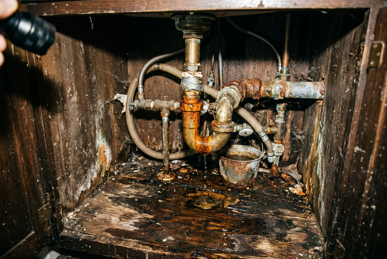 Before: Replaced corroded, leaking under-sink pipes with new clean copper lines in a Brooklyn brownstone.