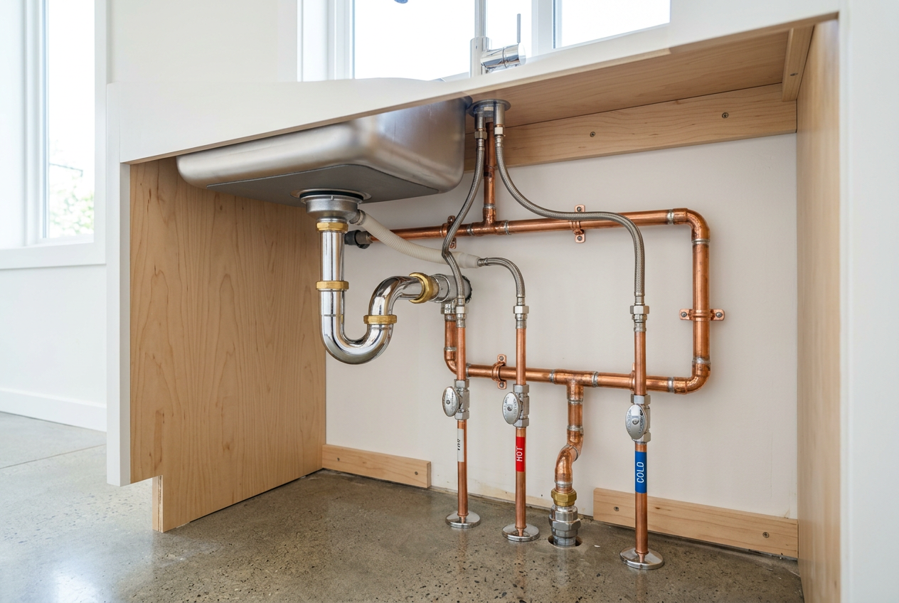 After: Replaced corroded, leaking under-sink pipes with new clean copper lines in a Brooklyn brownstone.