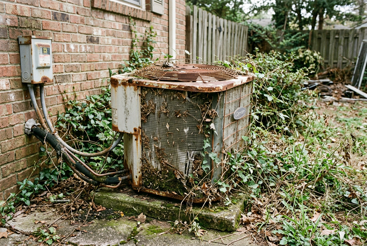 Before: Removed an old rusted condenser and installed a high-efficiency AC unit on a fresh pad in Staten Island.