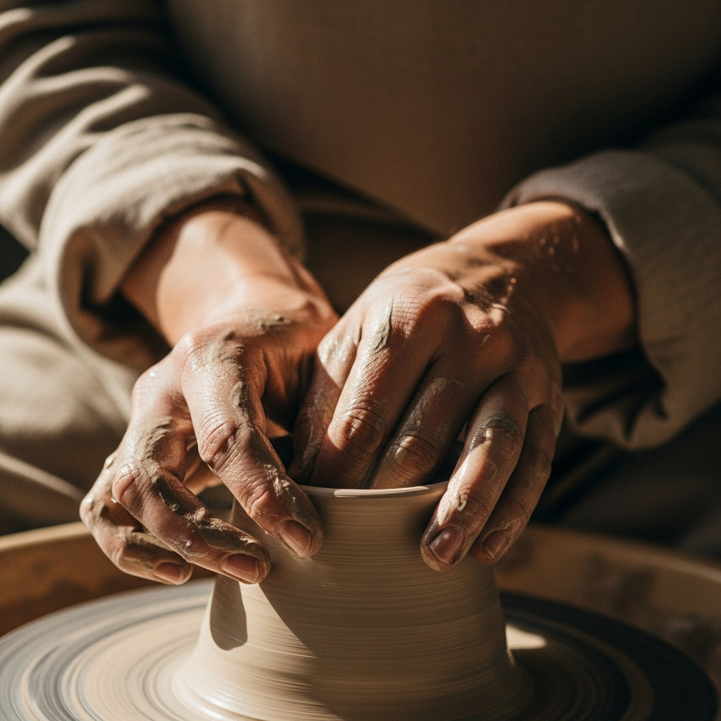 Hands shaping clay