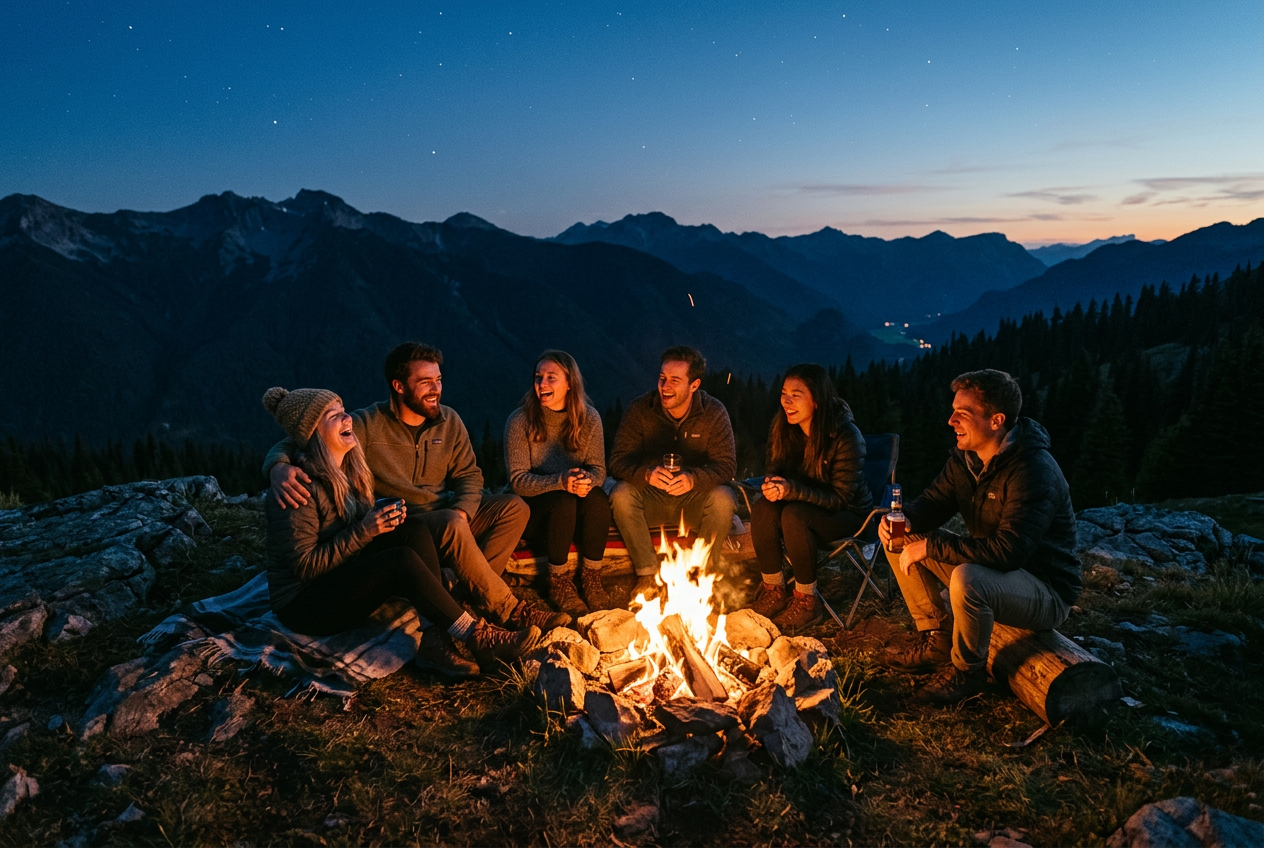 Friends around a bonfire