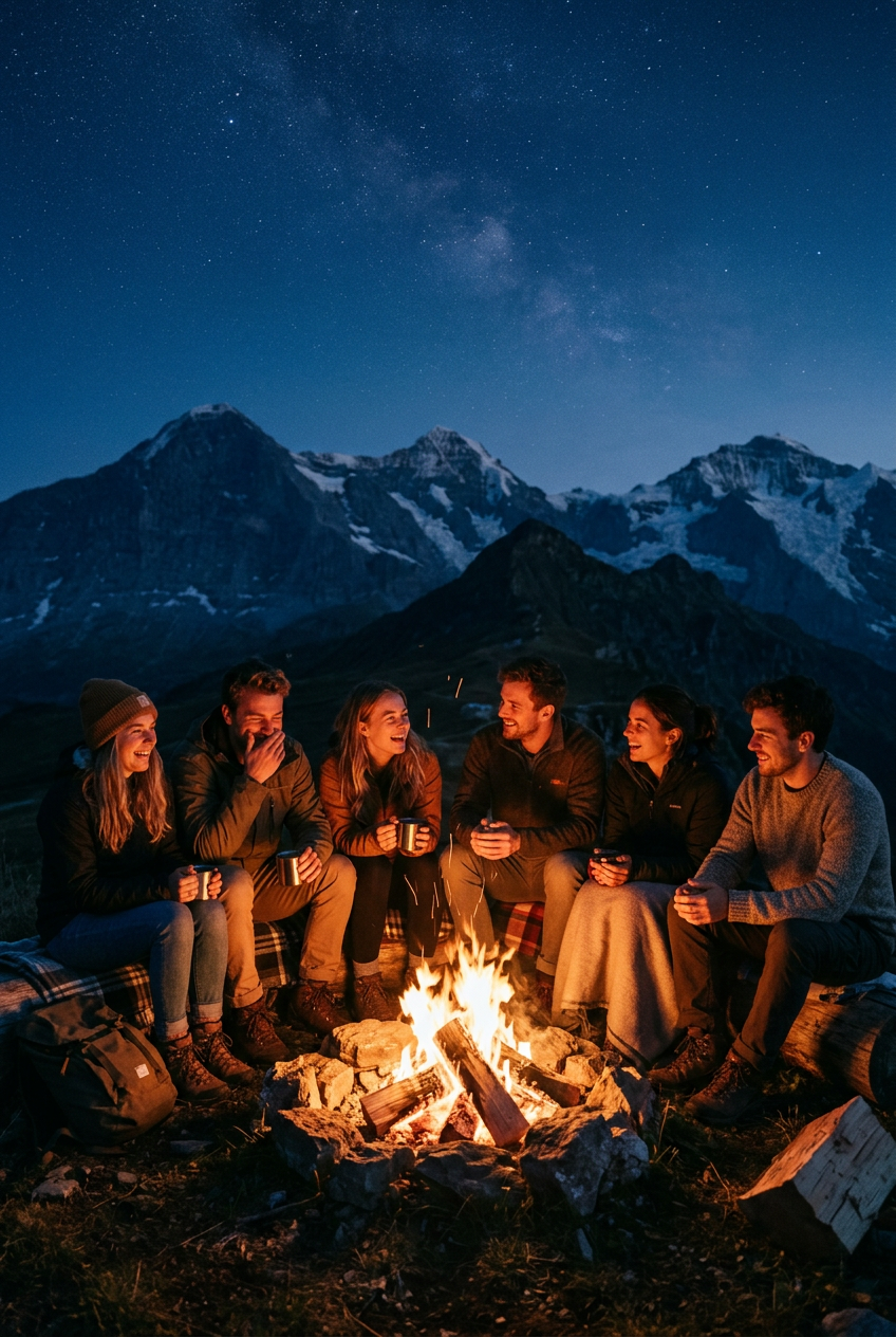 Friends around a bonfire