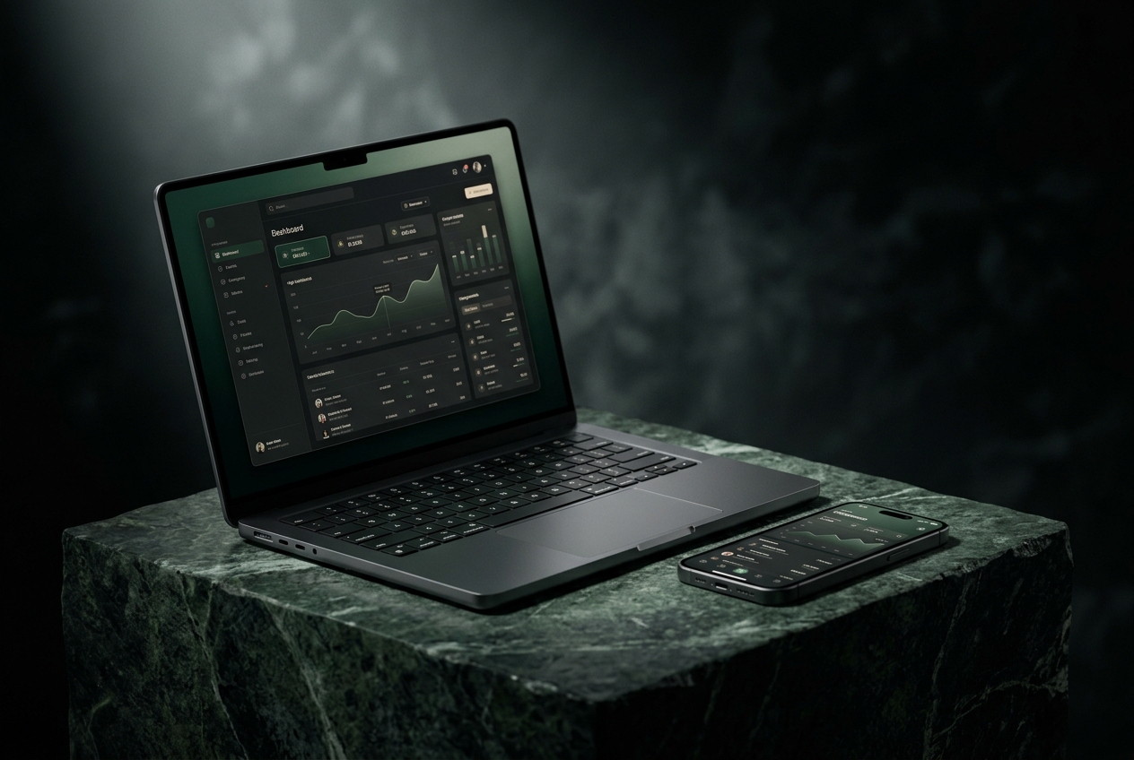 Laptop and smartphone with dark premium interfaces on a stone plinth