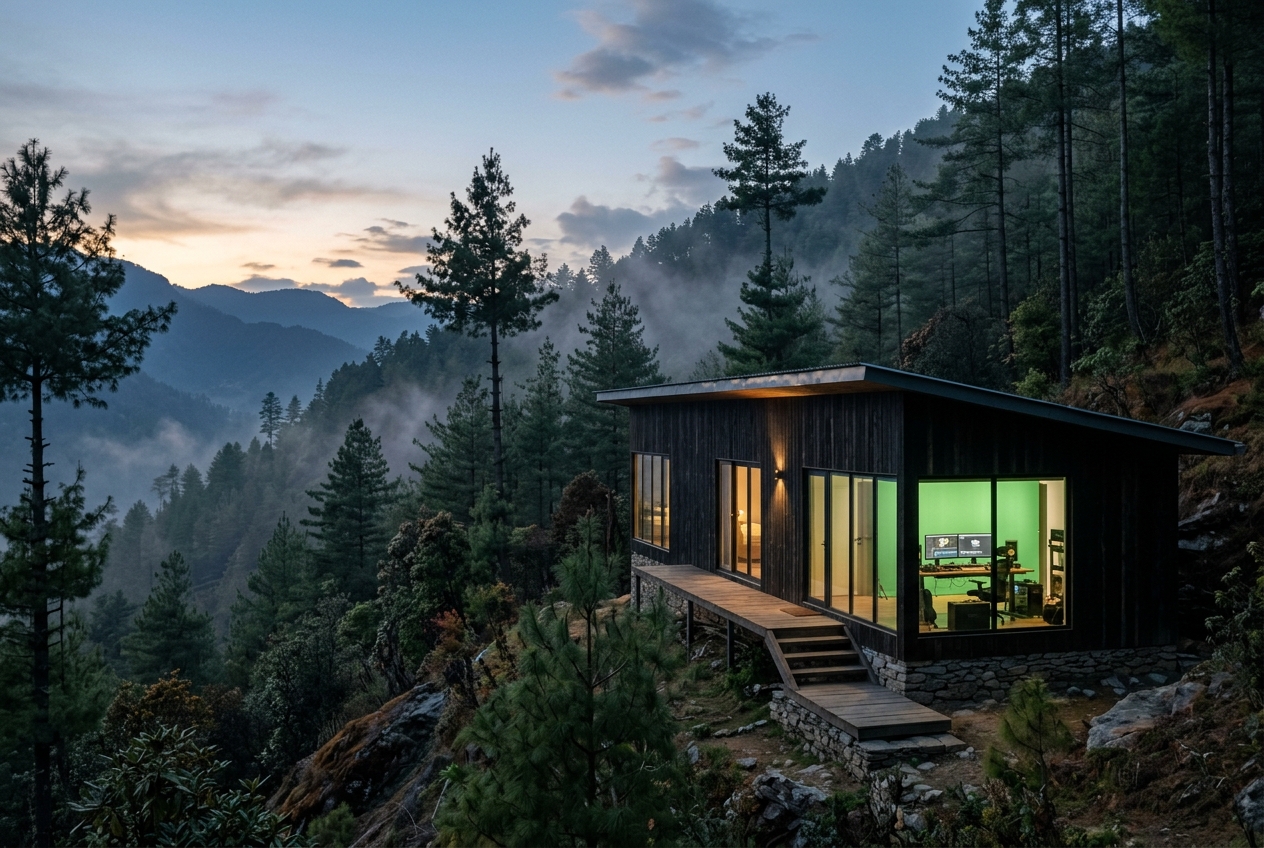 Contemporary studio building in a Himalayan pine hillside at dusk