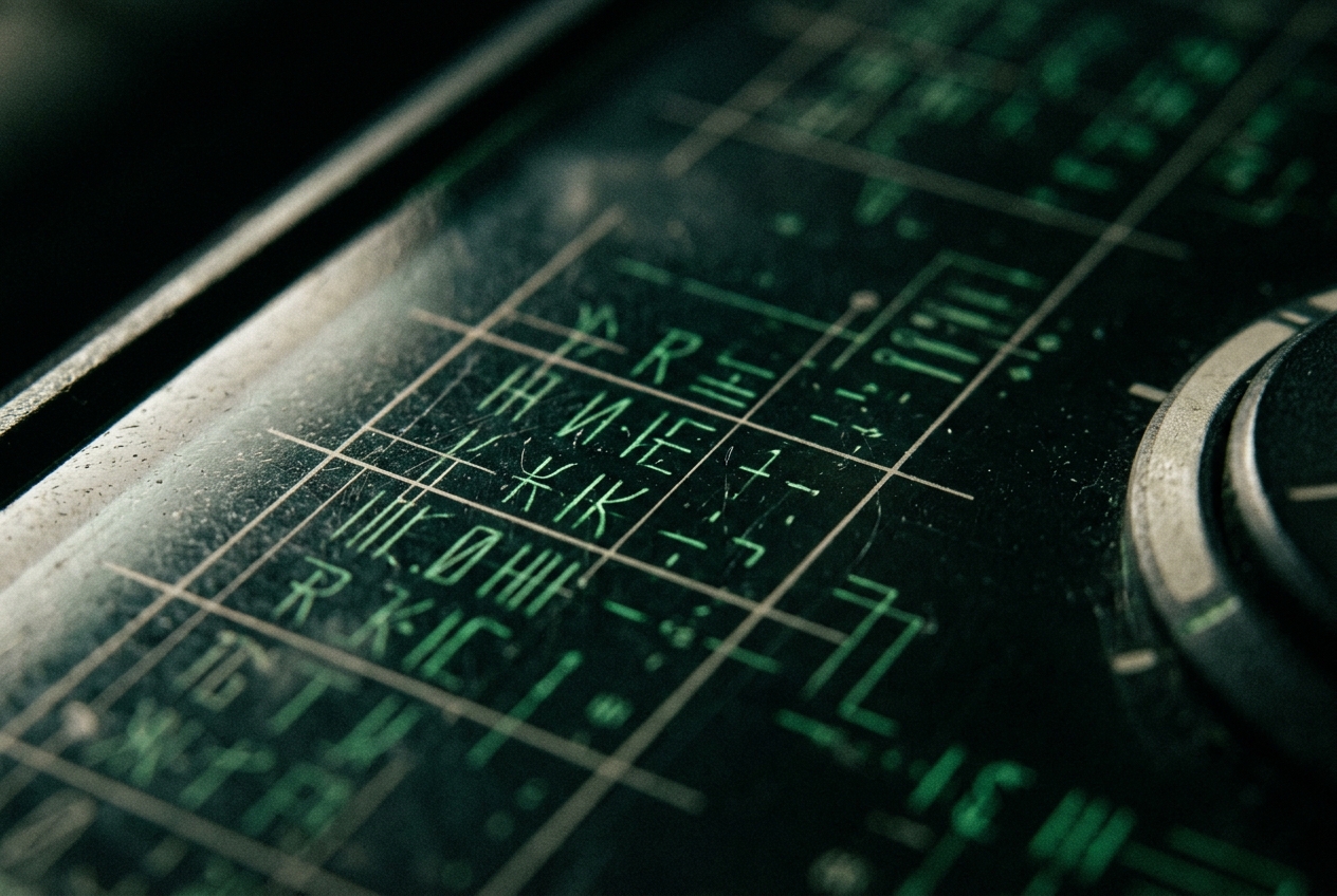 Dark glass interface with letterform grid