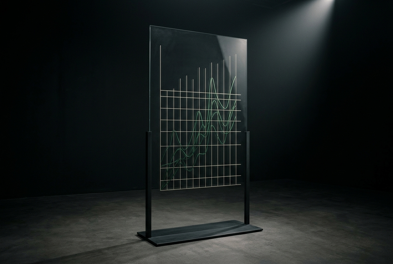 Dark glass data visualization panel in a black studio