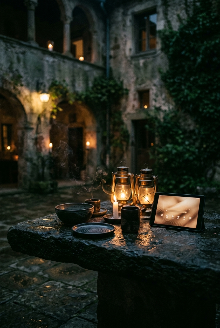 Lantern-lit courtyard with a dark cultural platform tablet