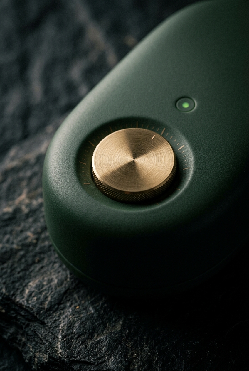 Ceramic and brass device detail with green LED