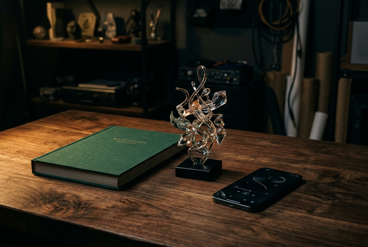 Book, glass data sculpture and smartphone still life