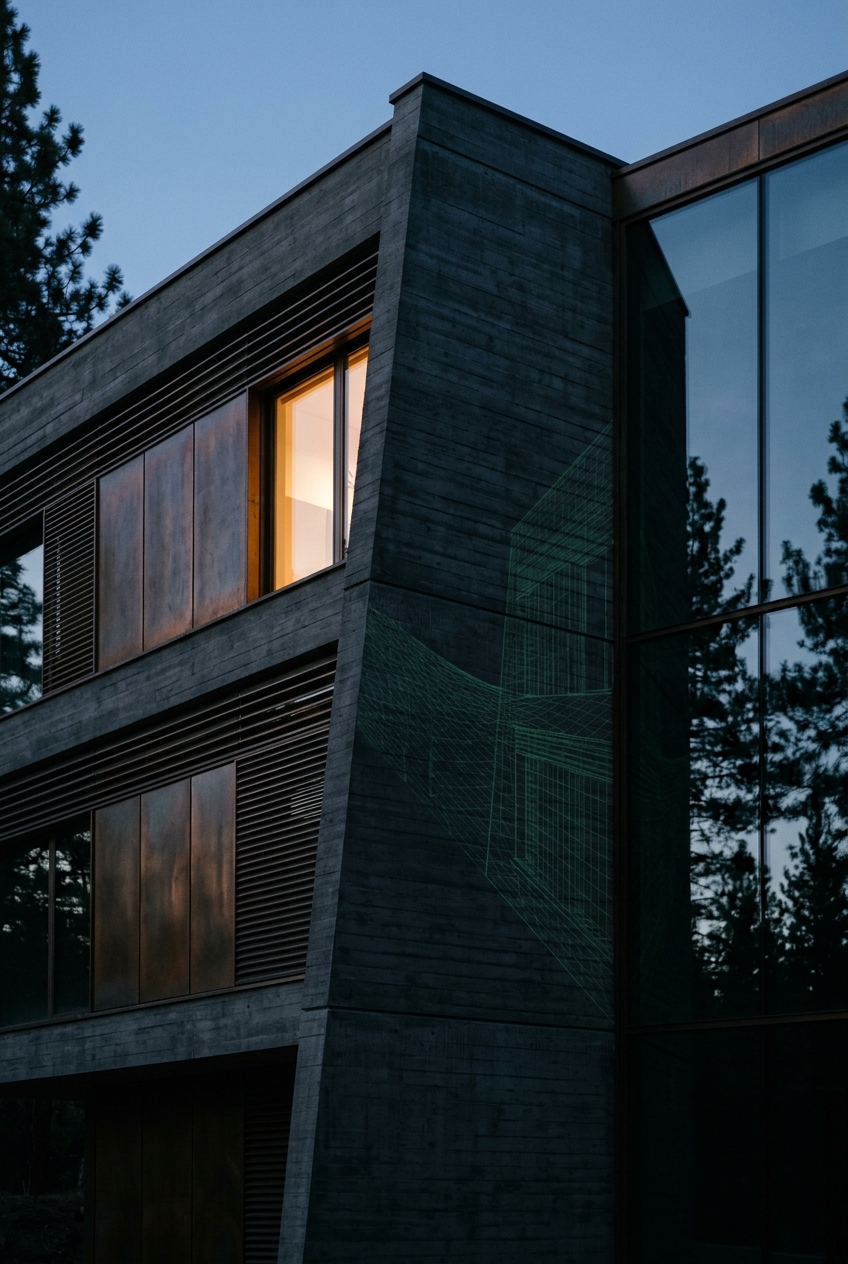 Concrete and bronze facade with wireframe projection
