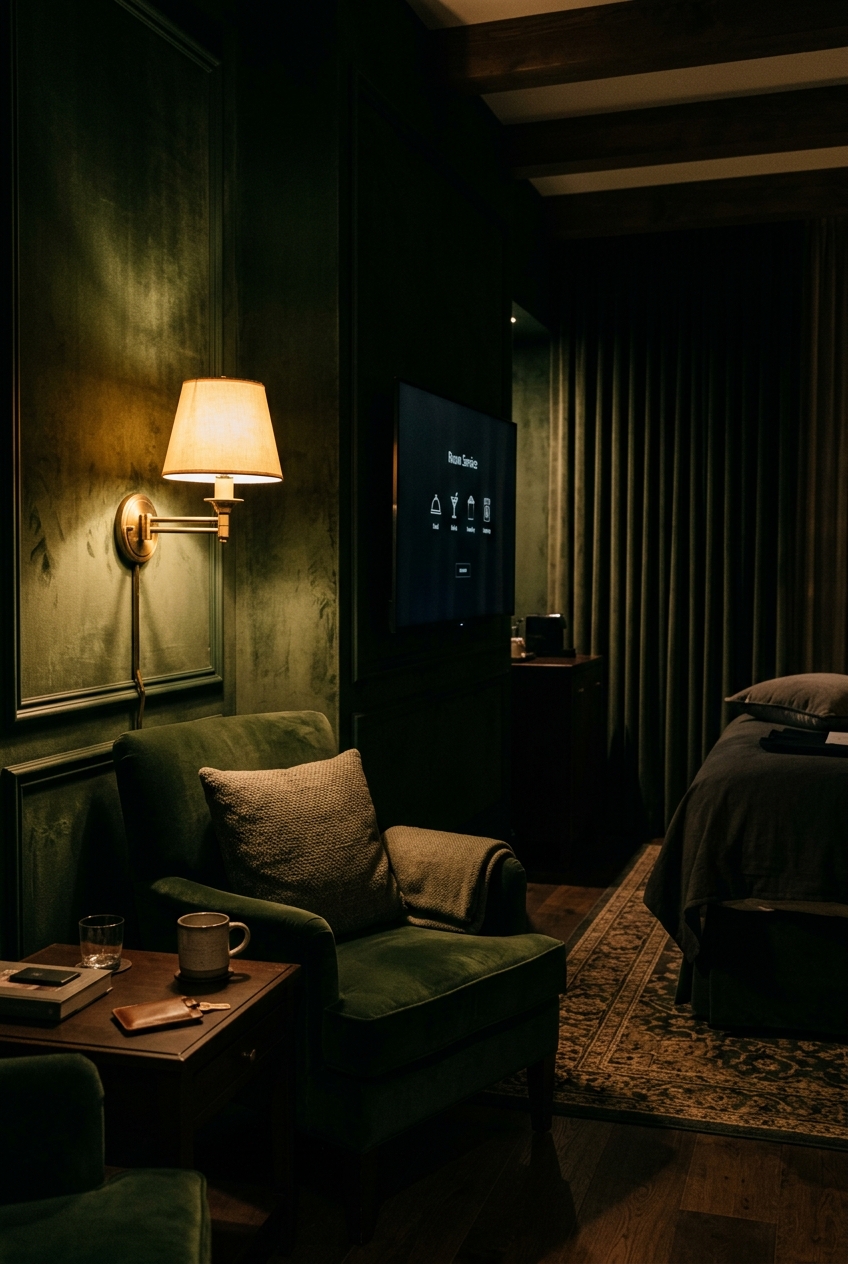 Moody emerald suite with wall-mounted room interface