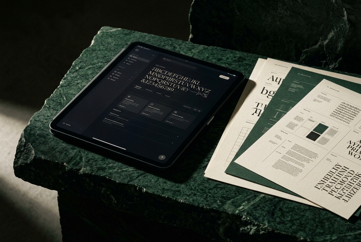 Tablet with refined dark brand interface and typographic specimens