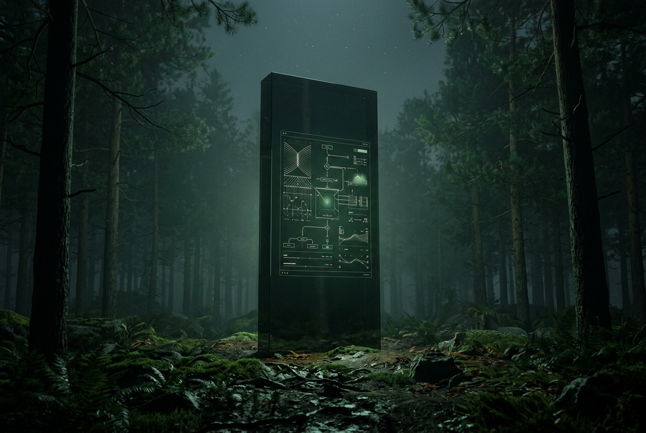 Dark interface monolith in a pine forest