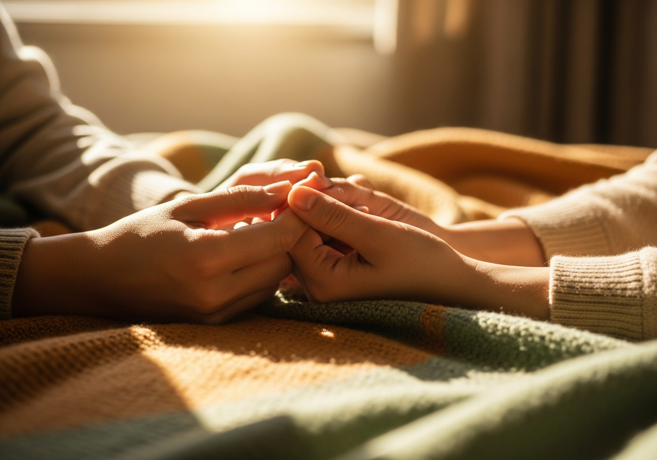 Two people holding hands gently in warm sunlight — fertility support