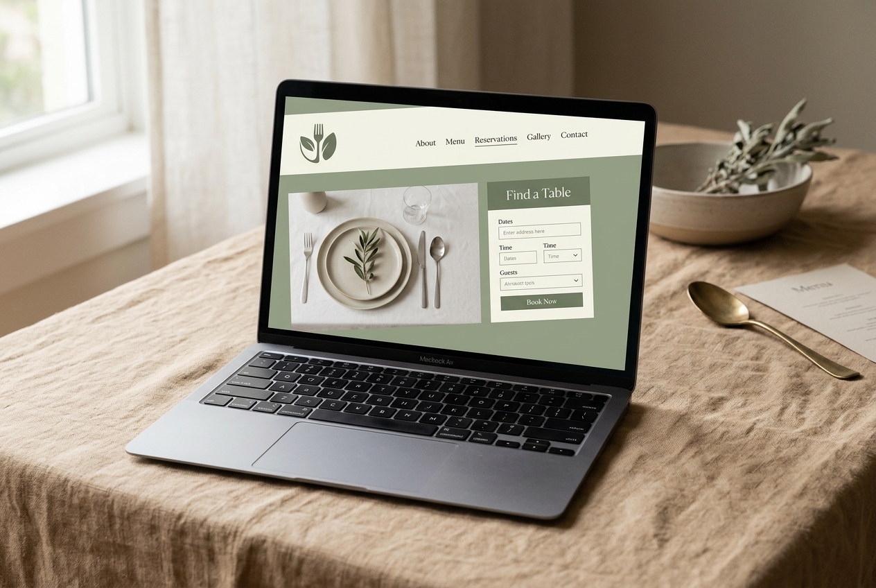 Laptop showing a clean sage-toned restaurant booking website