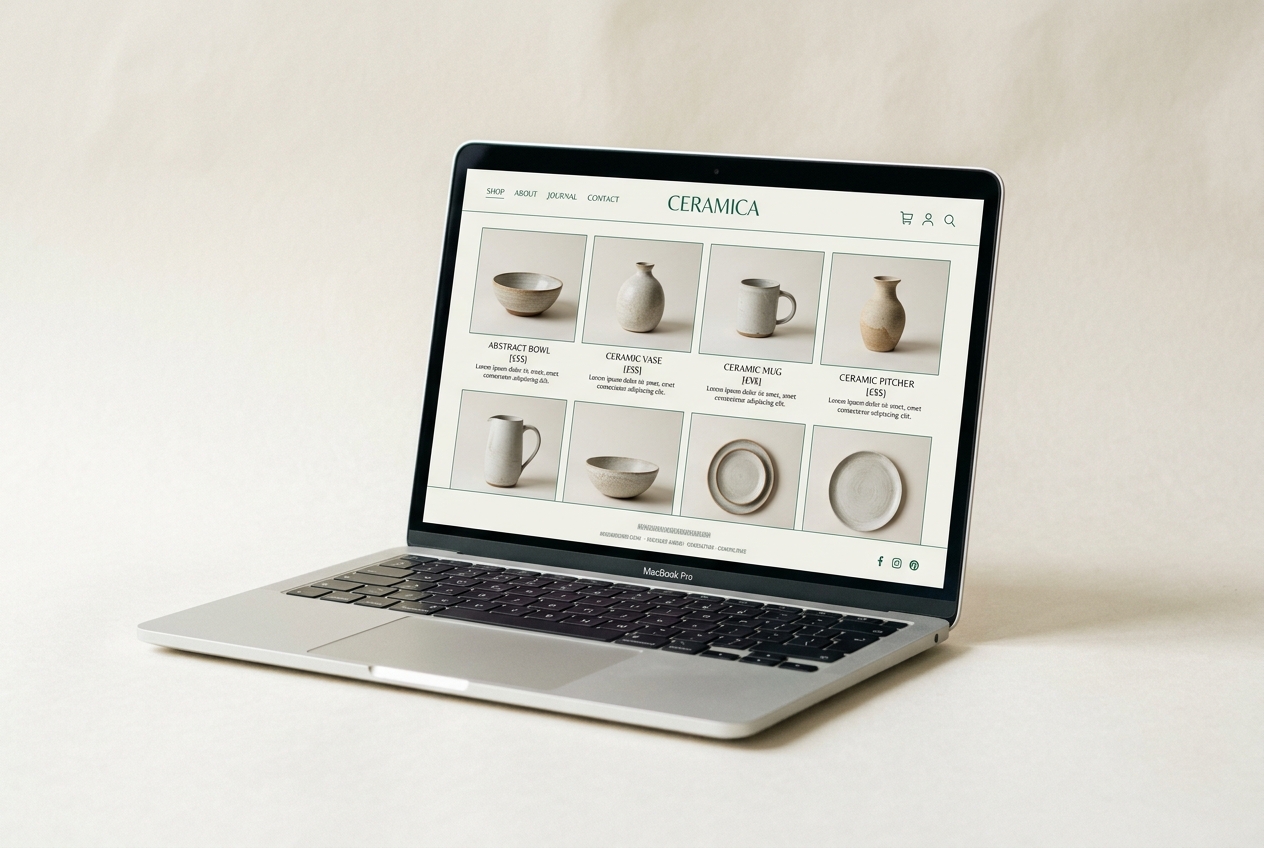 Laptop showing a minimal jade-toned ceramics e-commerce website