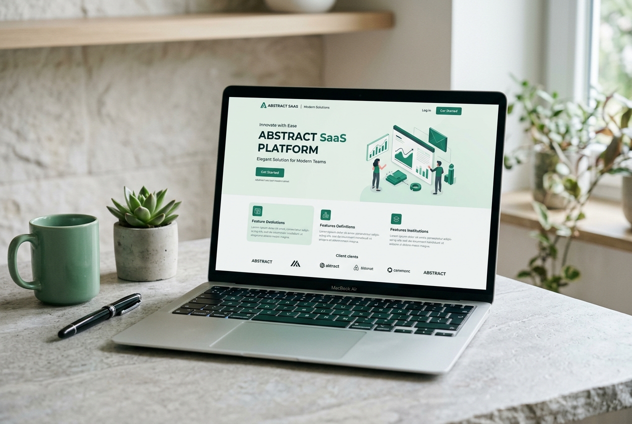 Laptop showing a modern SaaS marketing website with jade accents