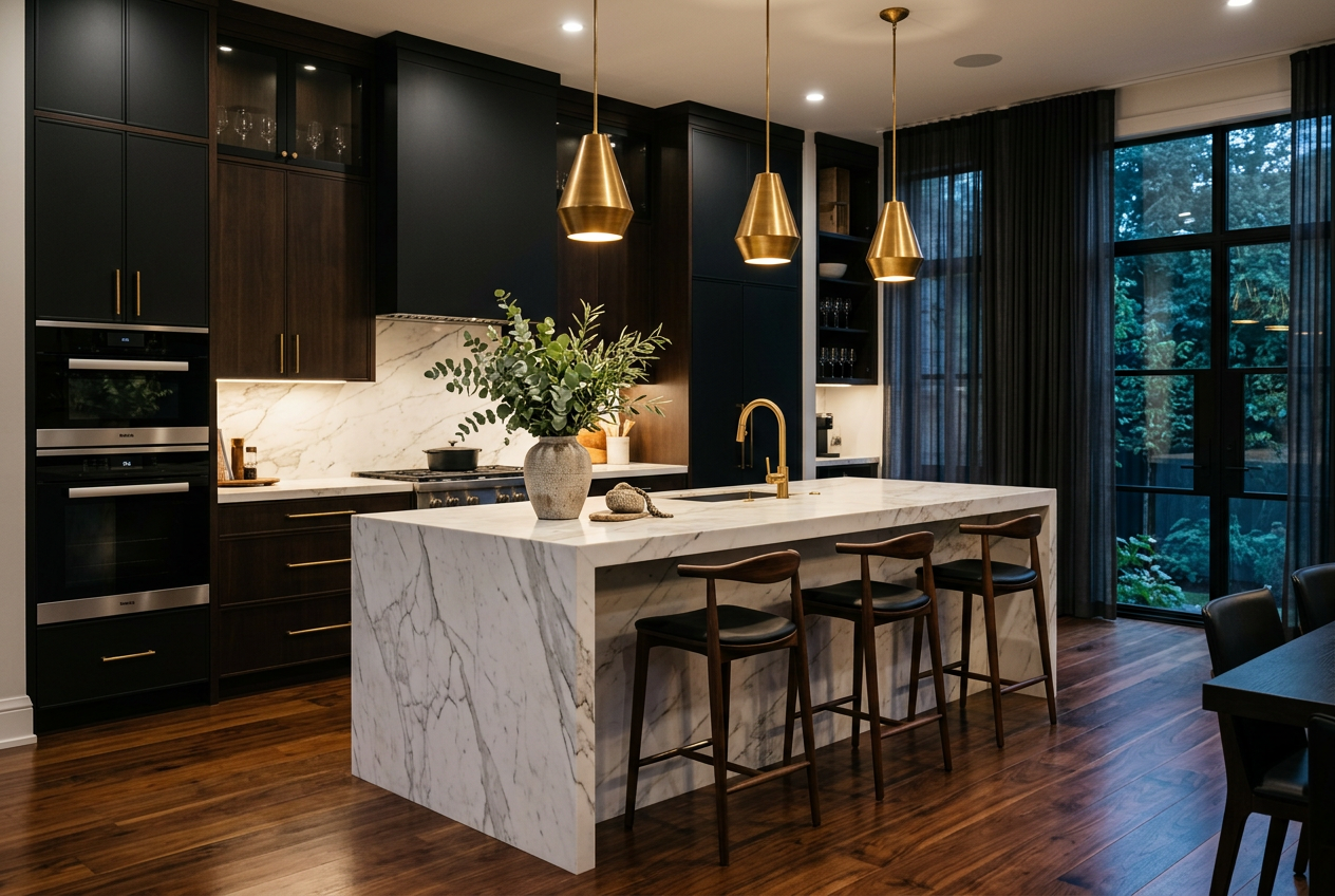 Luxury kitchen with marble island and gold pendant lighting