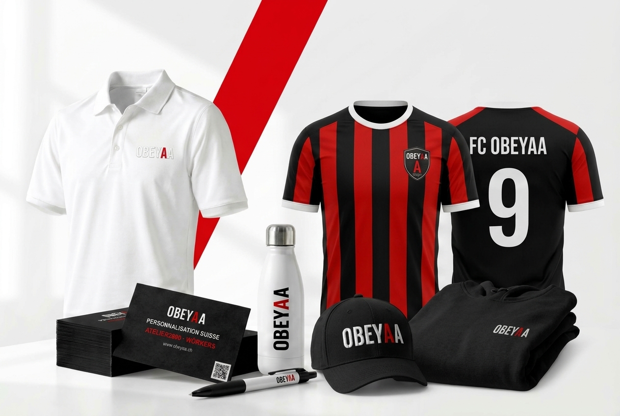 Produits personnalisés OBEYAA : polo brodé, maillot FC OBEYAA (devant et dos n°9), gourde, casquette, pull, stylo et cartes de visite noires
