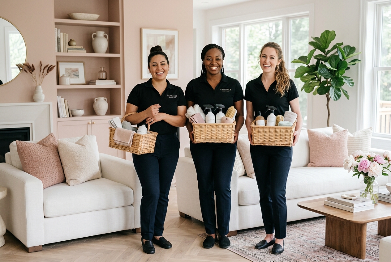 Happy Home Specialists in black polos with wicker baskets